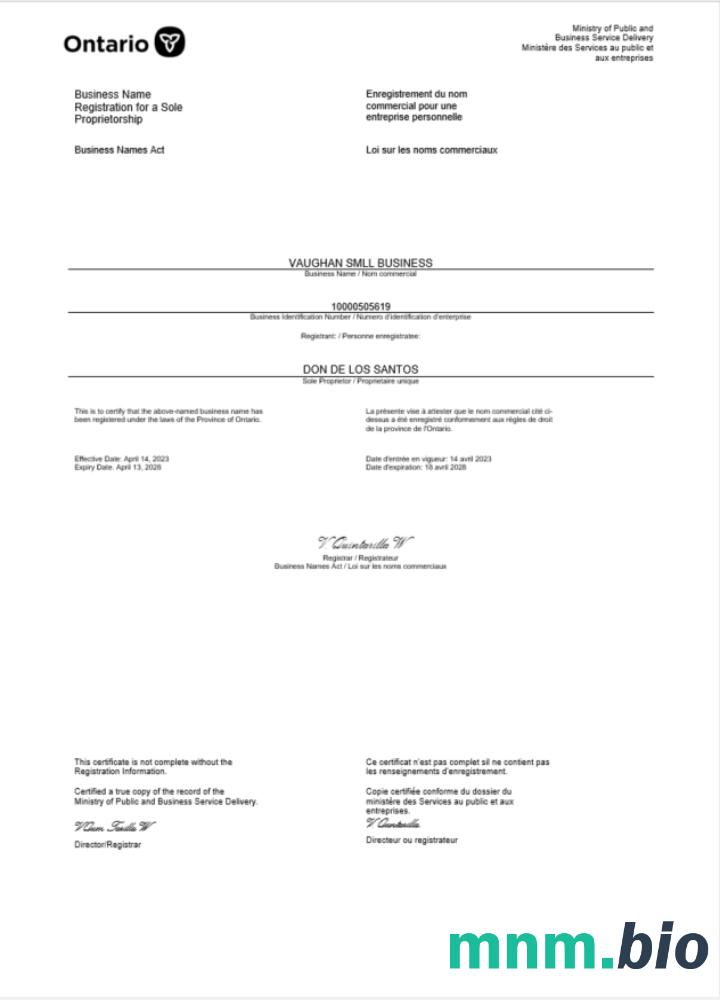 Kanadyjski certyfikat rejestracji firmy w Ontario w formacie Word i PDF